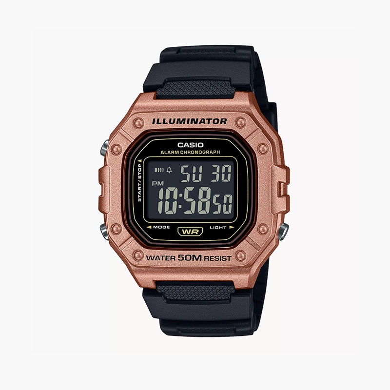 front view of Casio mens water resistant watch W-218HM-5BV illuminator series